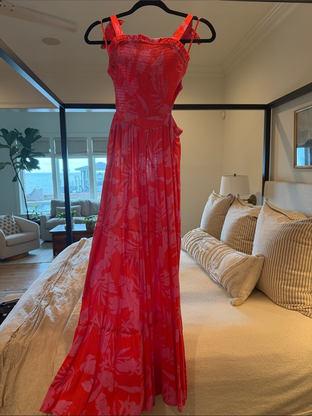 Red Floral Maxi Dress with Smocked Bodice
